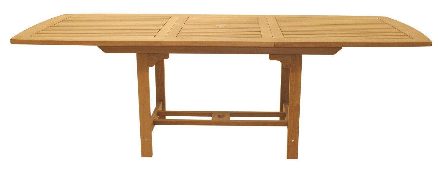 Rectangular teak expansion table with slatted tabletop and open cross brace