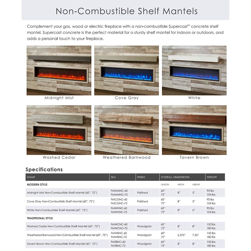 Non-combustible shelf mantel color options chart, showing Midnight Mist and other finishes