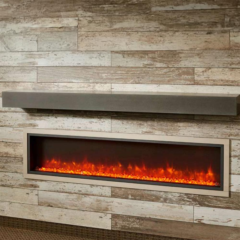 Modern electric fireplace with glowing flames on a wooden wall.