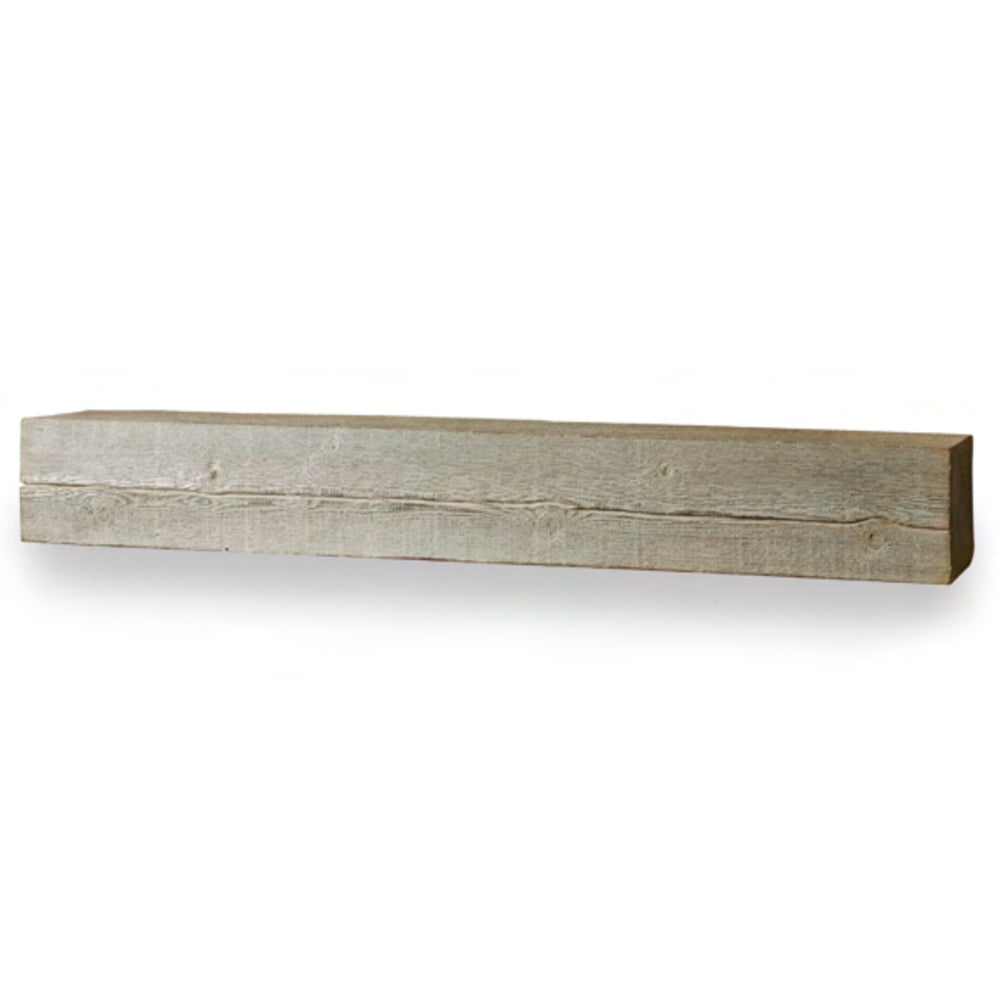Washed cedar mantel shelf with weathered grain and smooth shelf face
