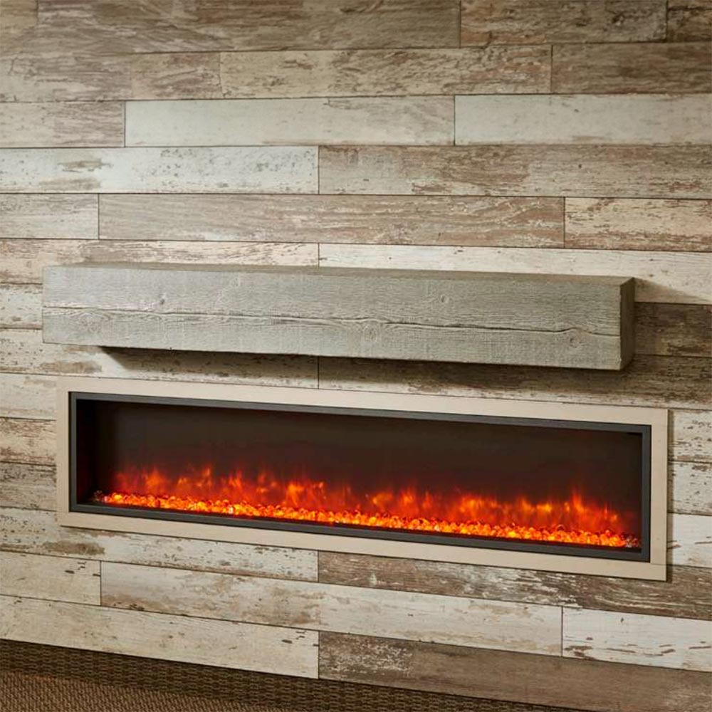 Washed cedar mantel shelf over fireplace opening with weathered finish
