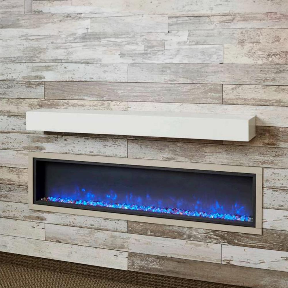 Non-combustible white mantel shelf mounted above electric fireplace opening