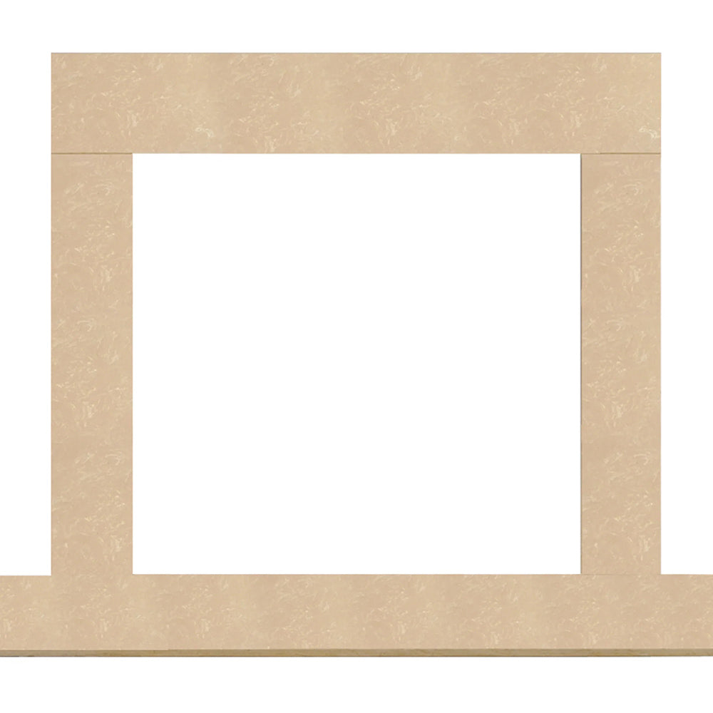 Beige stone fireplace surround with rectangular opening and textured surround blocks