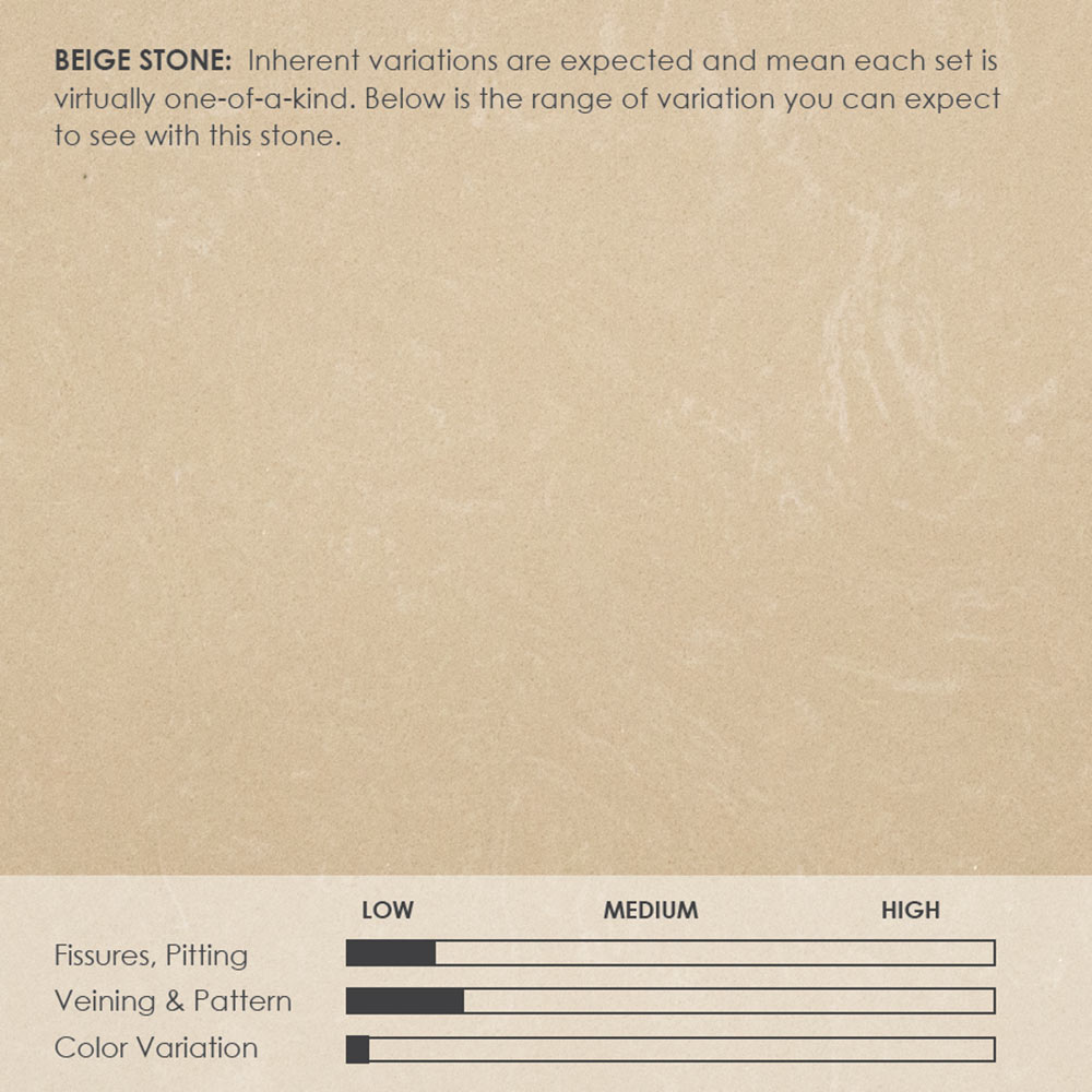 Beige stone texture sample with variation bars and finish rating chart