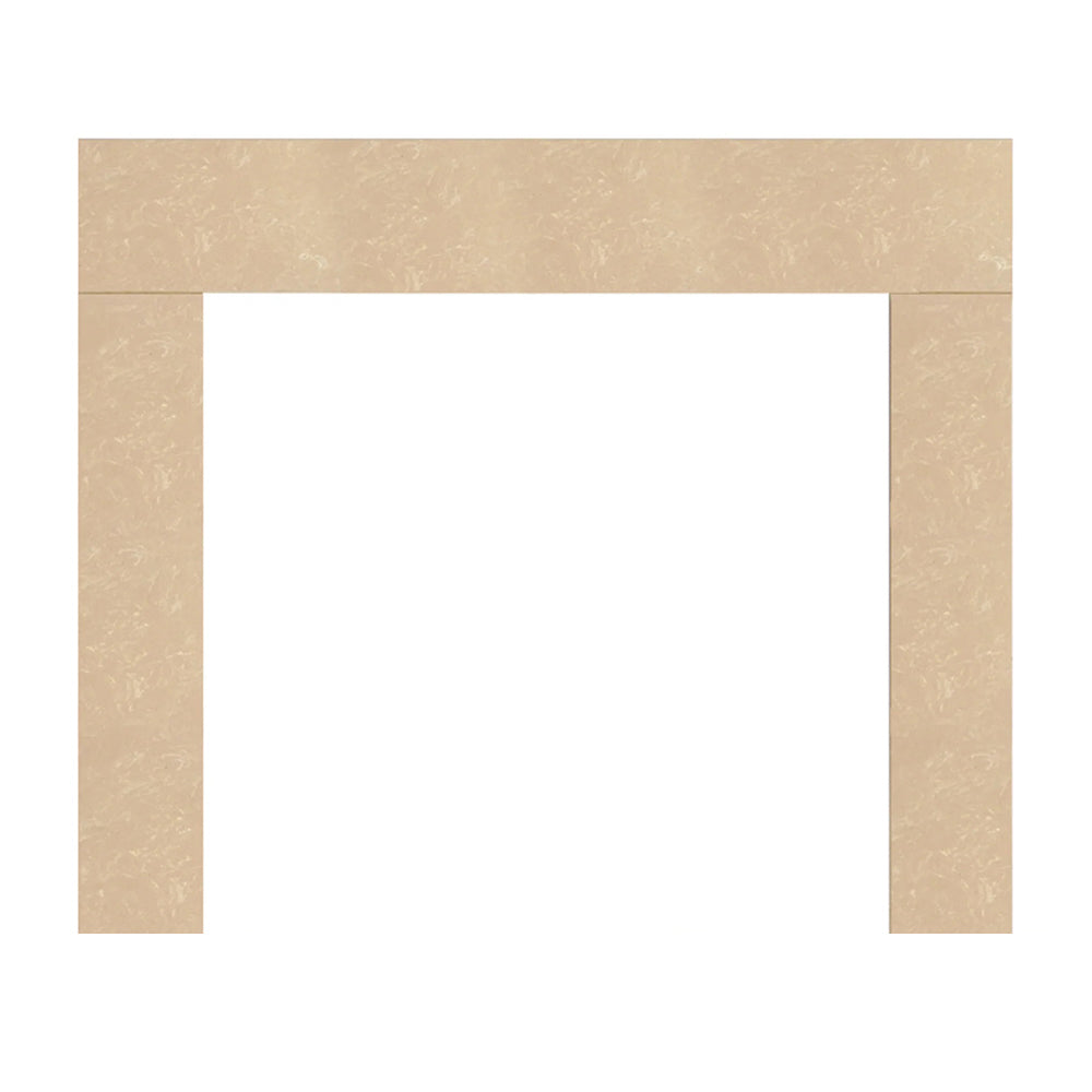 Beige stone fireplace surround with rectangular opening and fluted side panels