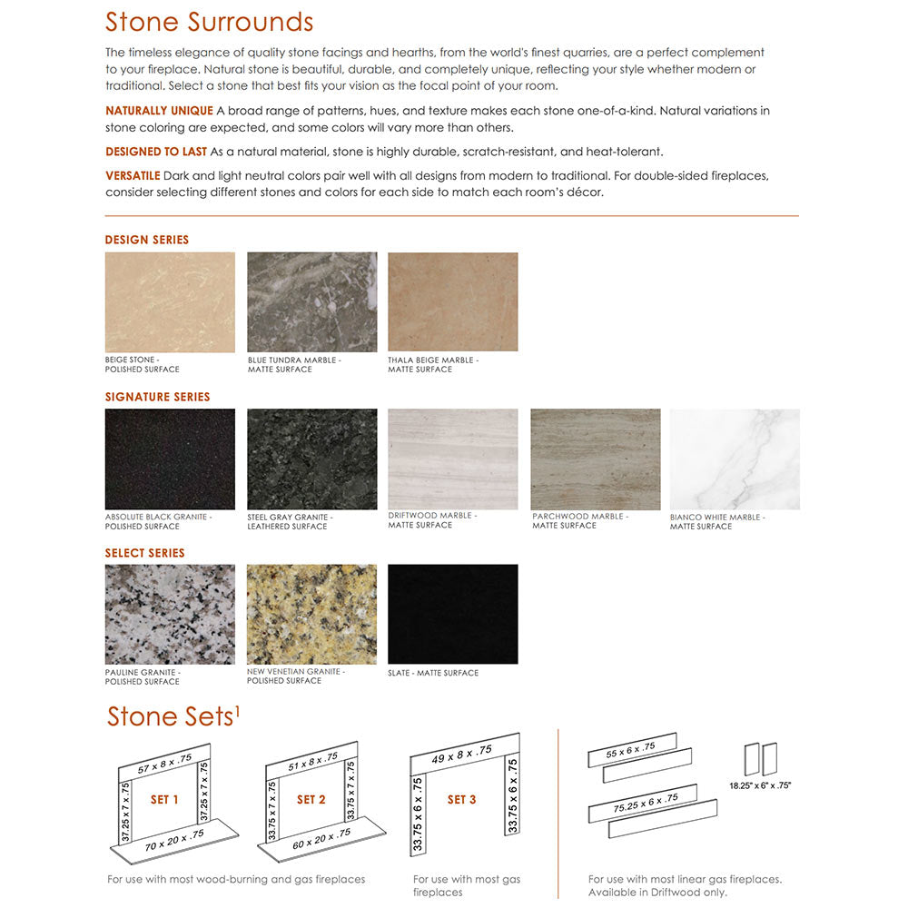 Stone surround design sample board with multiple stone finishes and set dimensions