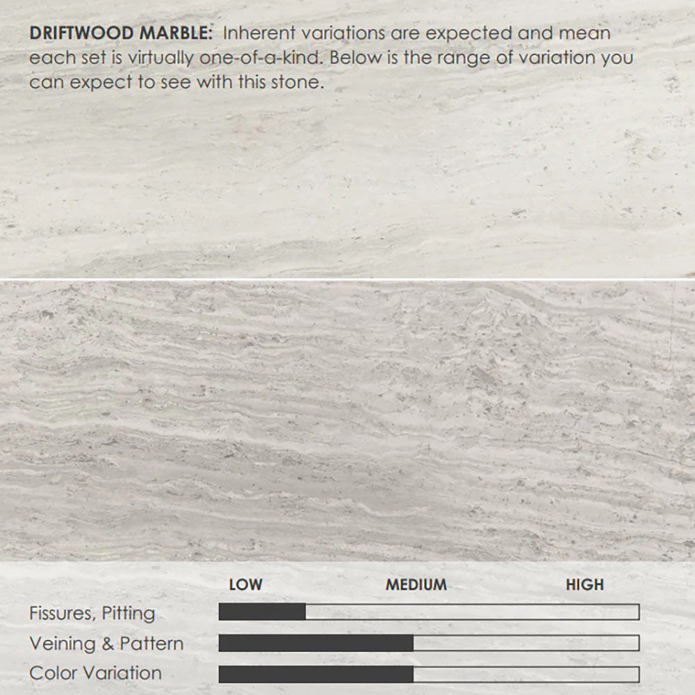 Driftwood marble stone slab surface with subtle gray speckles and veining