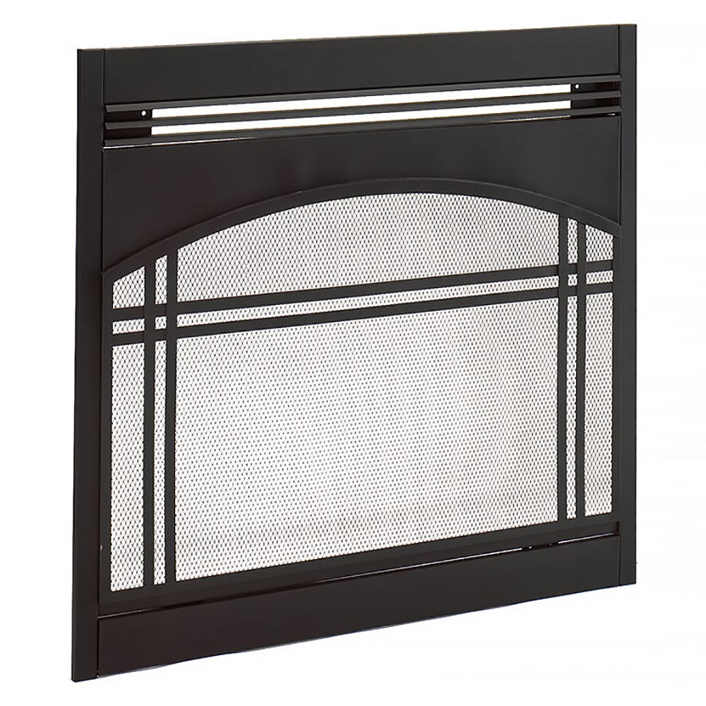 Black fireplace front face panel with arched mesh window, grid accents, and horizontal bars