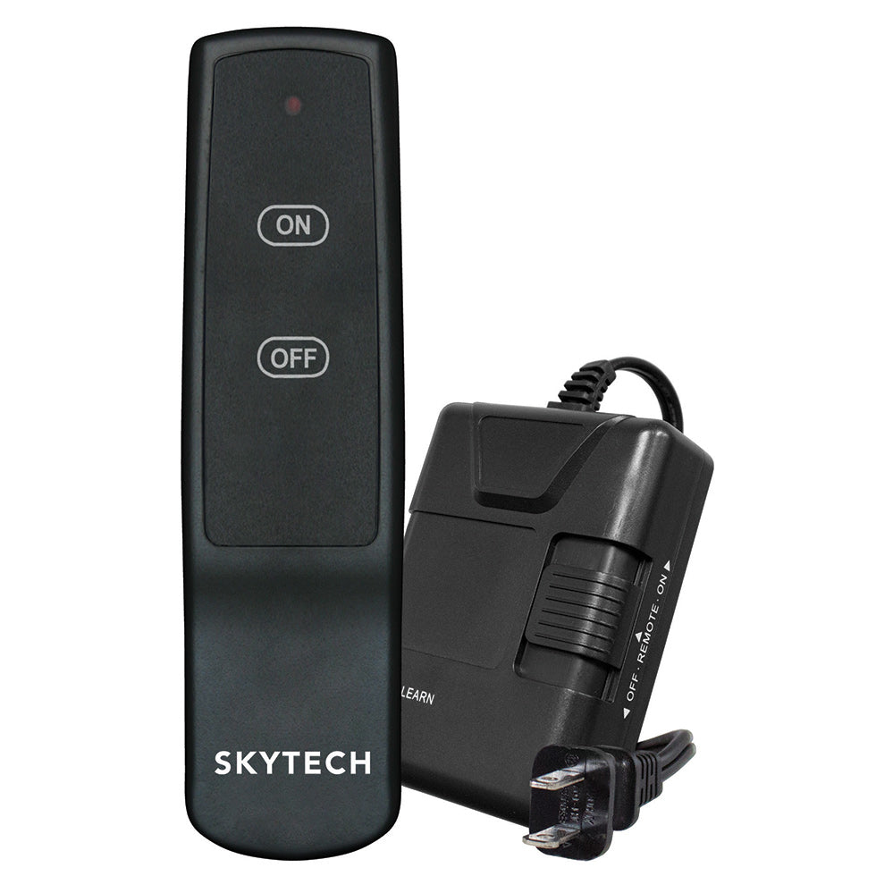Black on/off remote with ON and OFF buttons, plus weatherproof receiver module and cable