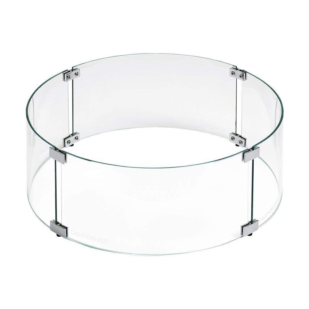 Round clear glass wind guard with metal brackets for fire pit, 23x6 in