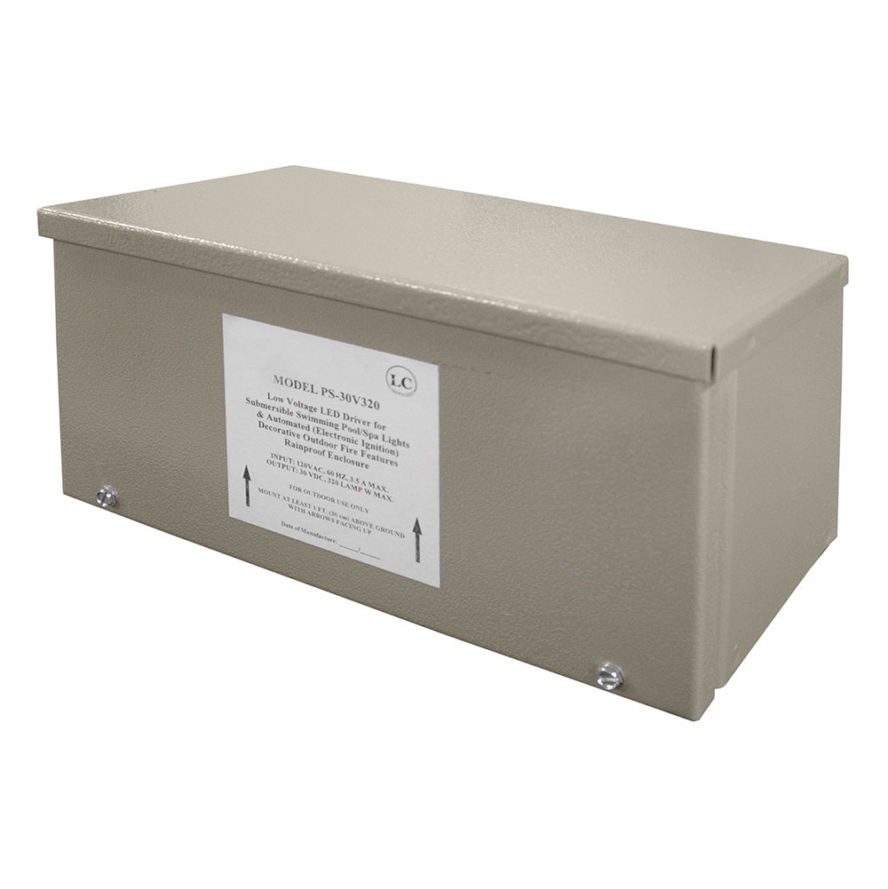 All-weather ignition power supply, light gray metal enclosure with info label