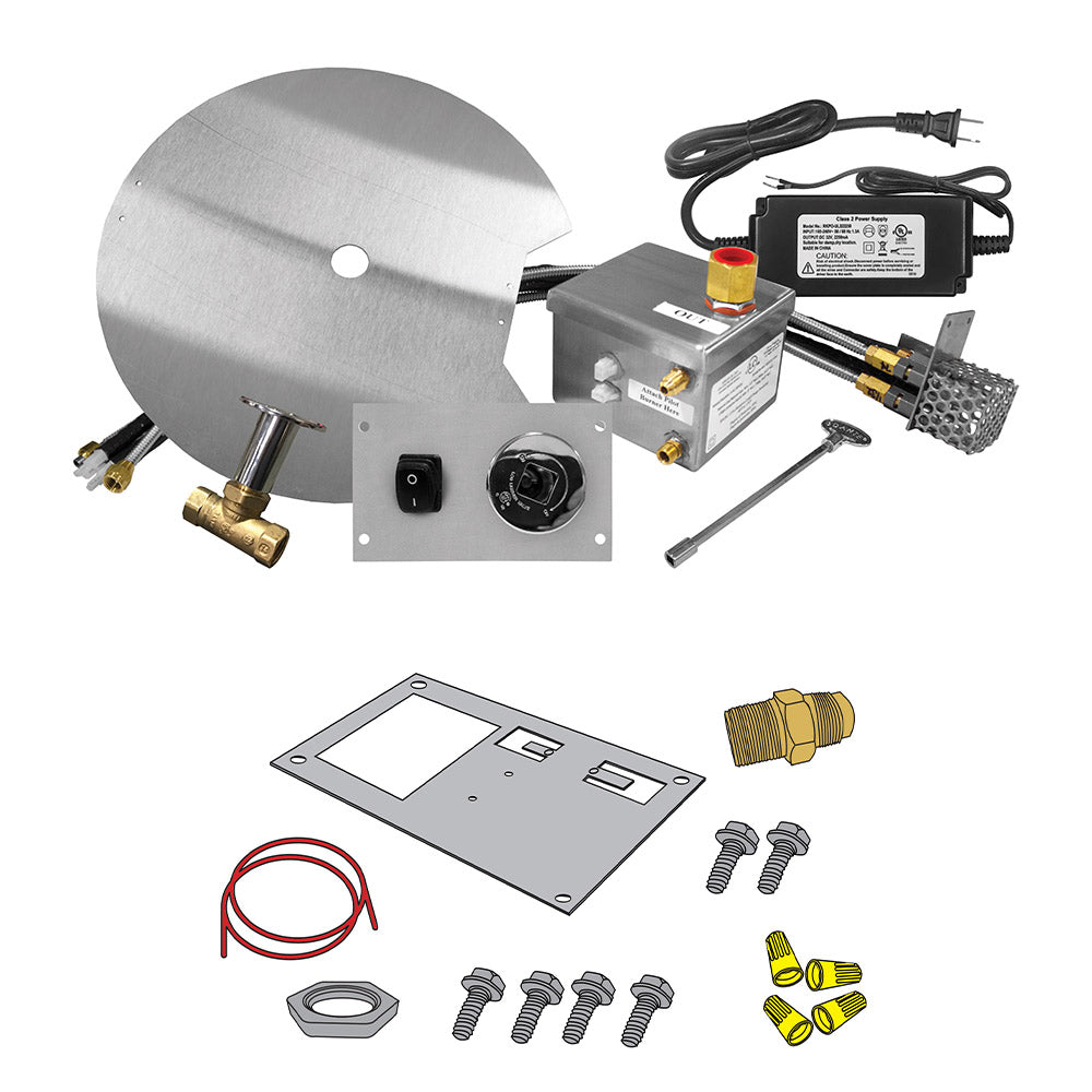All-weather propane fire ignition system kit with burner heat shield, valves, and wiring