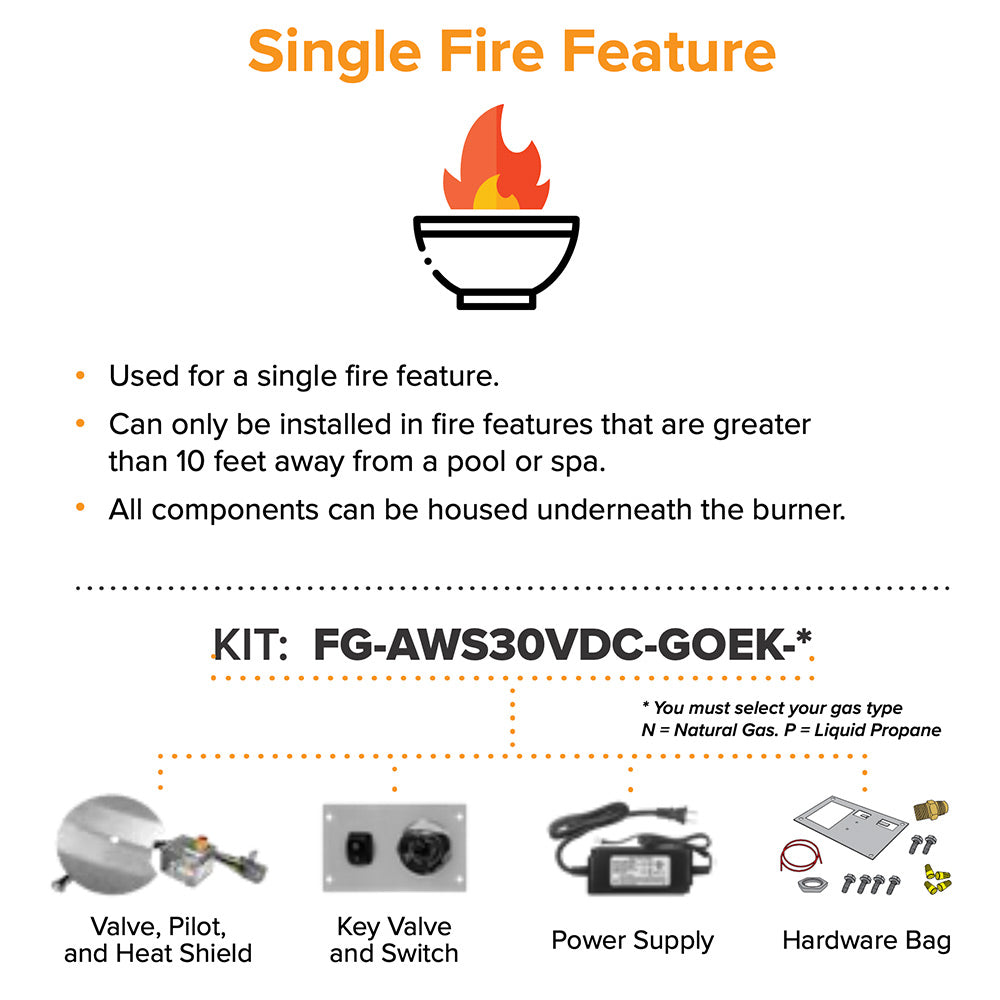 Single fire feature ignition system kit diagram with components and connection notes