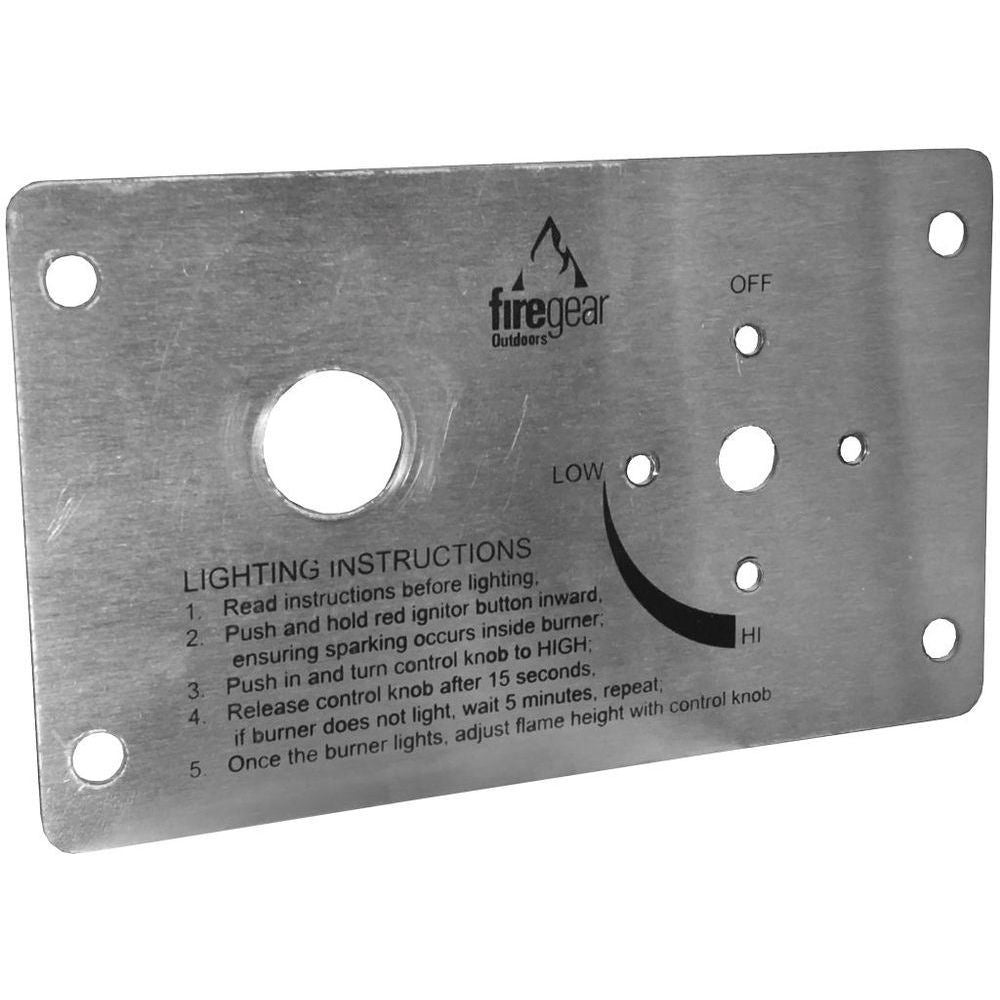 Firegear metal burner control faceplate with knobs, OFF/LOW/HI labels, mounting holes