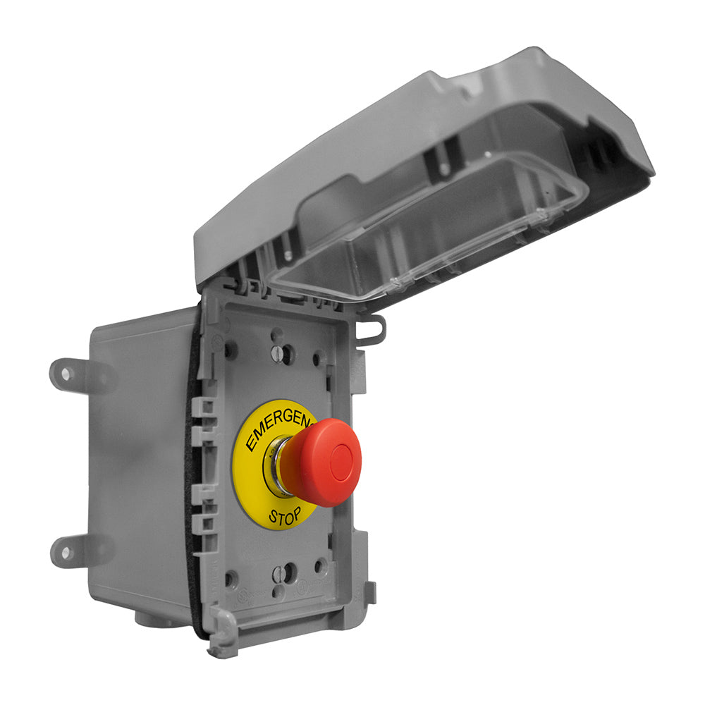 Firegear electronic emergency stop switch with red stop button and yellow emergency label