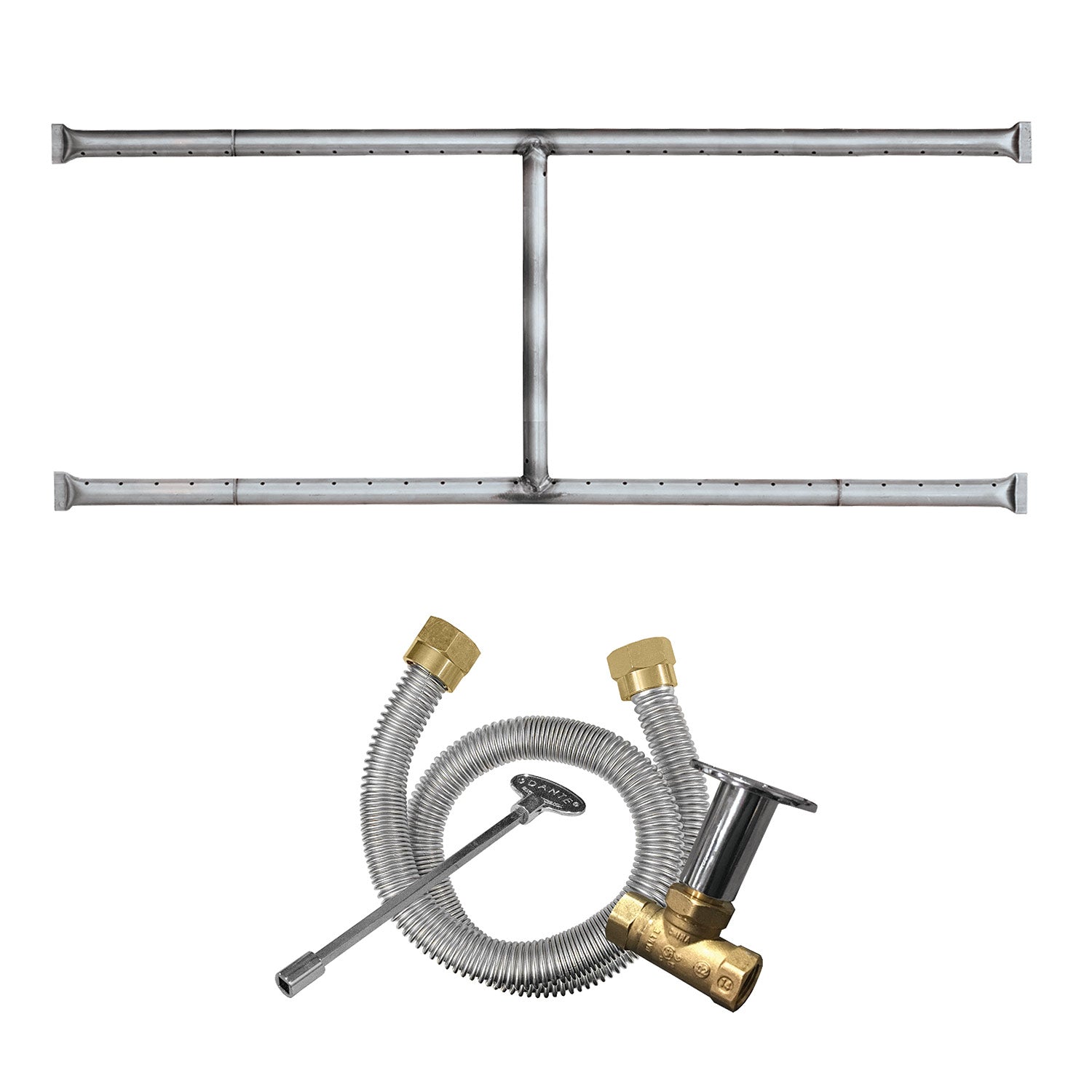 Stainless steel H-shaped gas fire pit burner with brass fittings and flexible gas line