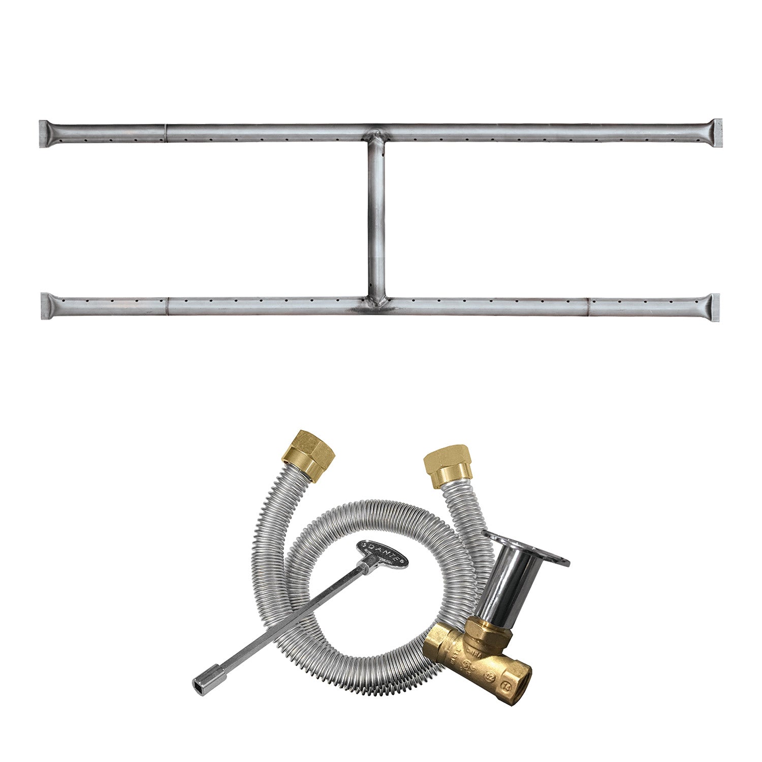 Stainless steel H-shaped gas fire pit burner kit with gas fittings and hose