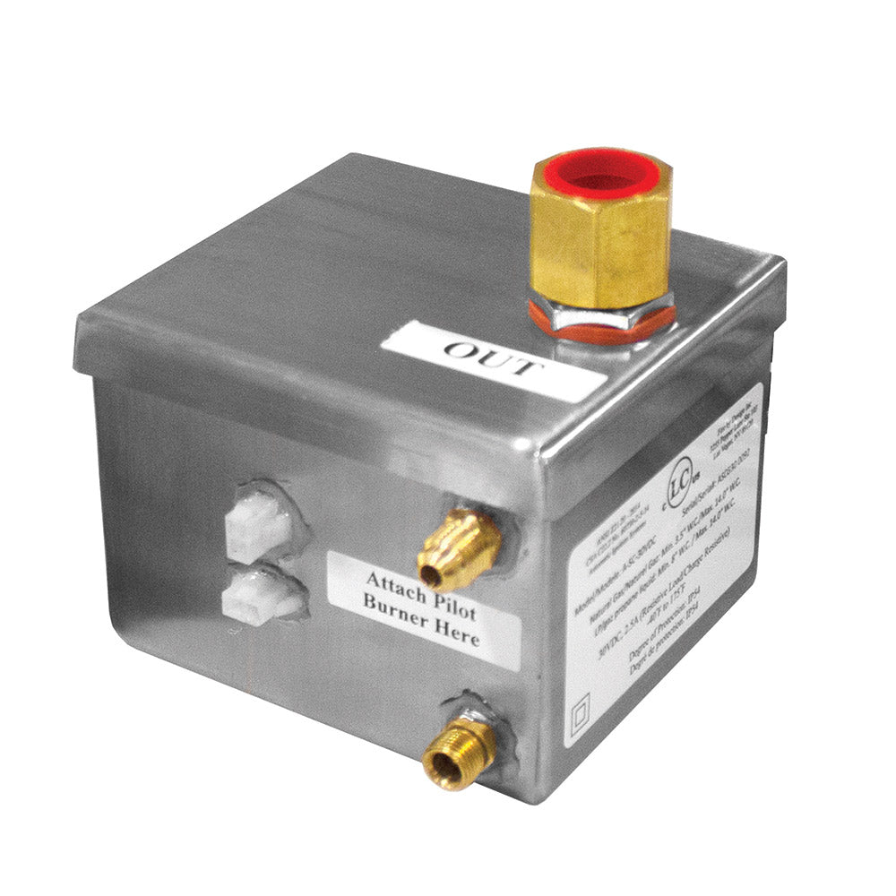 Metal ignition control box with OUT plate, pilot button labels, and brass connection ports