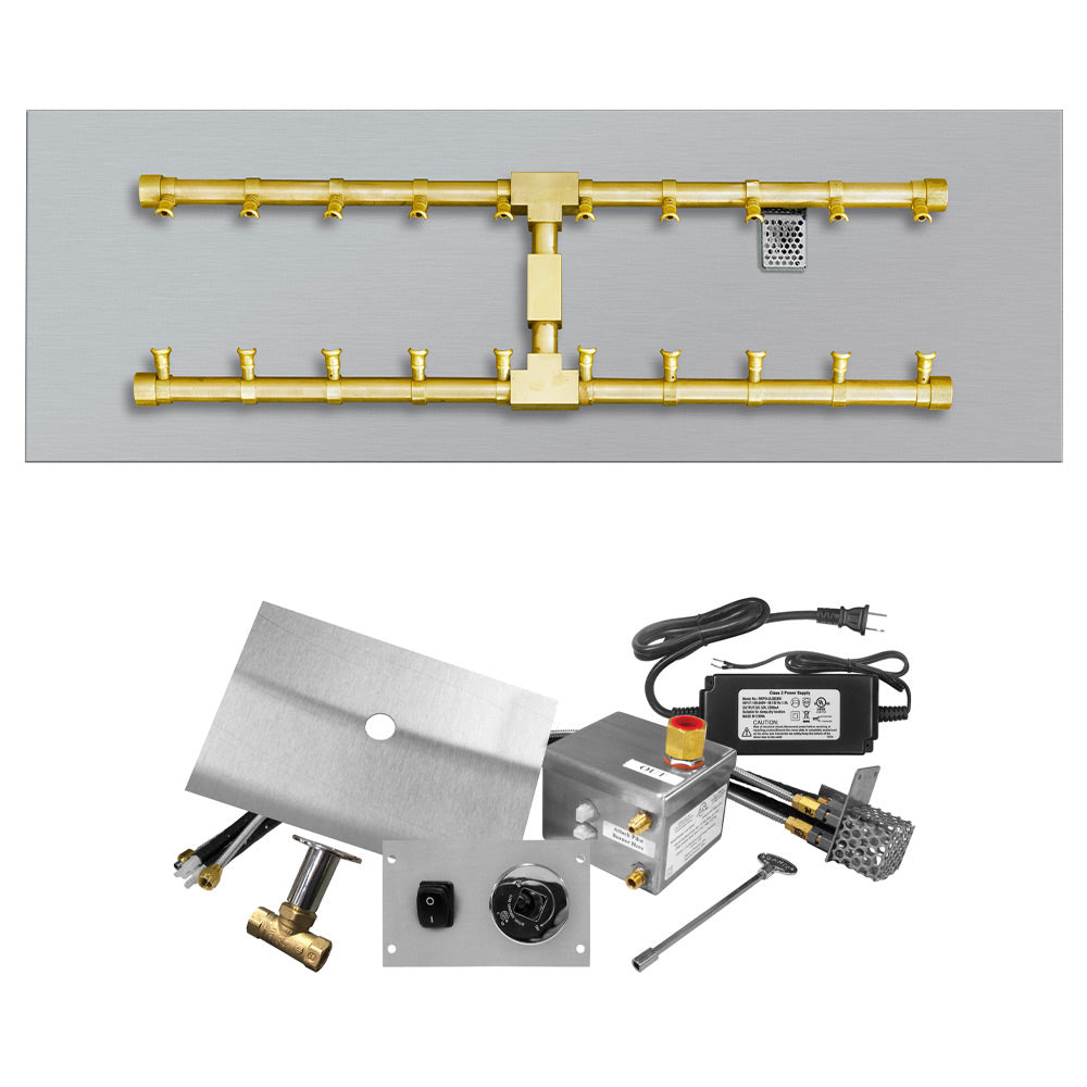 Gas fire pit burner kit with brass H-shaped burners and electronic ignition components