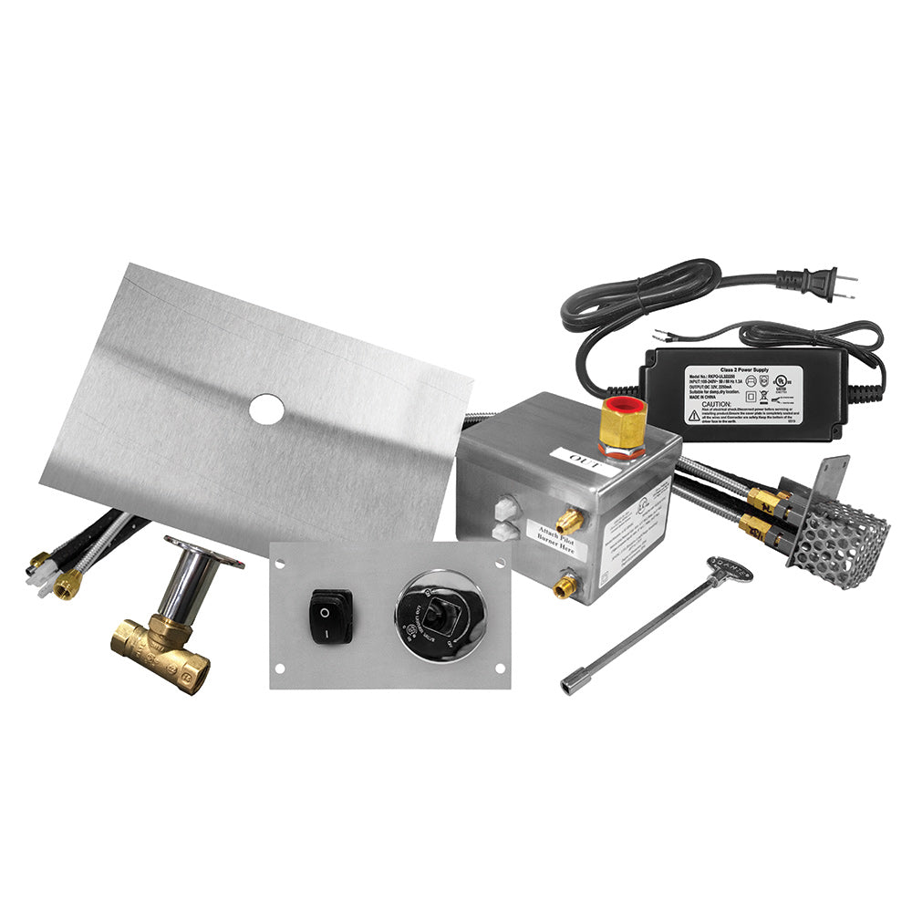 Gas fire pit burner kit set with drop pan, ignition module, controls, and burner parts