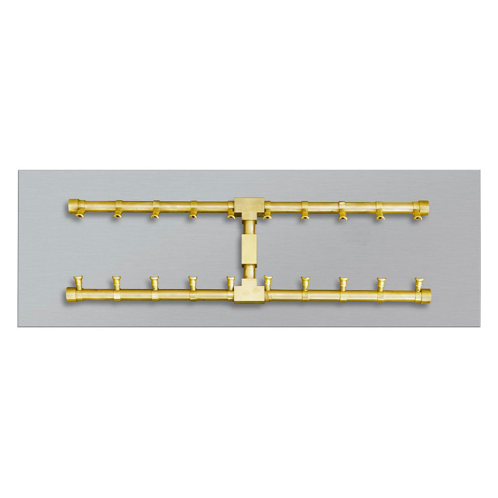 Brass gas fire pit burner manifold with cross-over H-shaped tubes