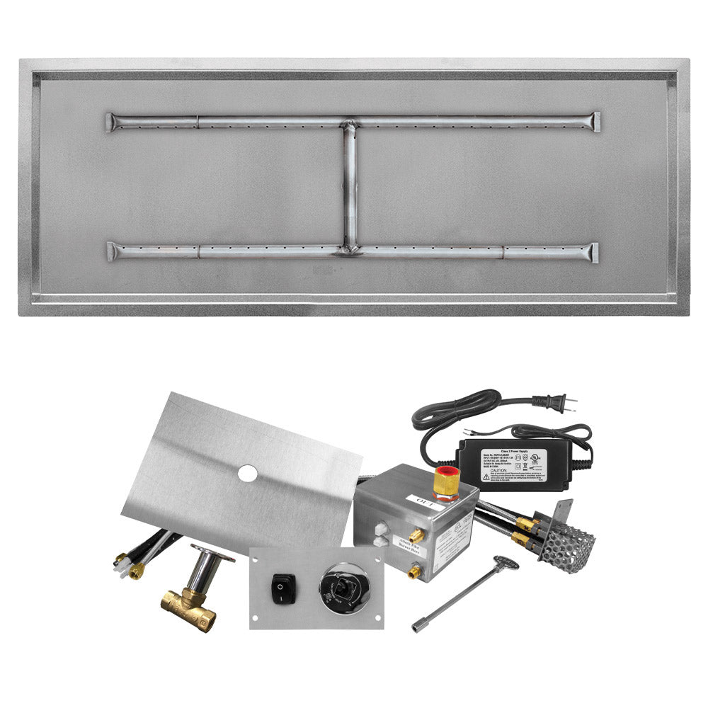 Stainless steel gas fire pit burner kit components with ignition modules and drop pan