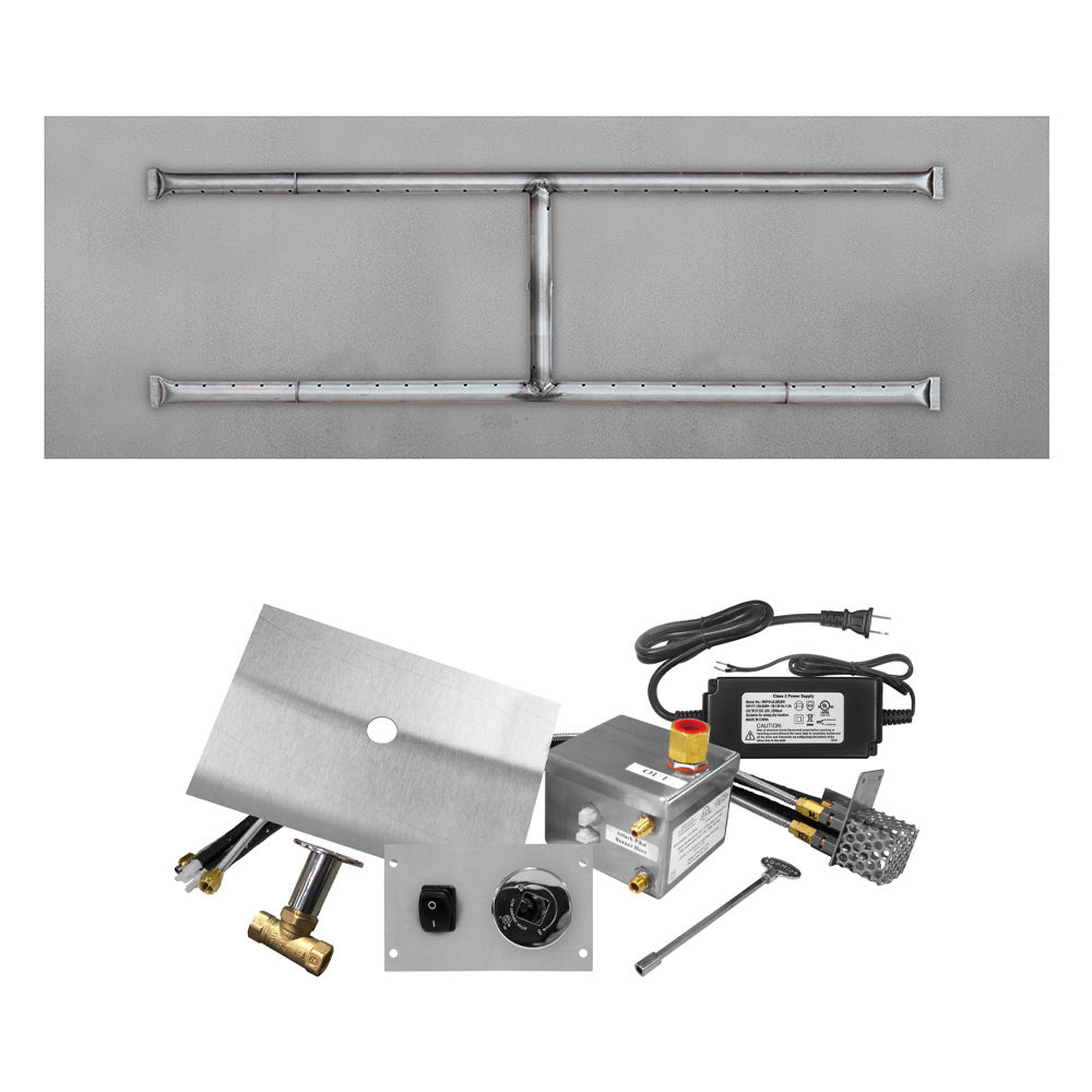 Gas fire pit burner ignition kit components with flat pan and control box