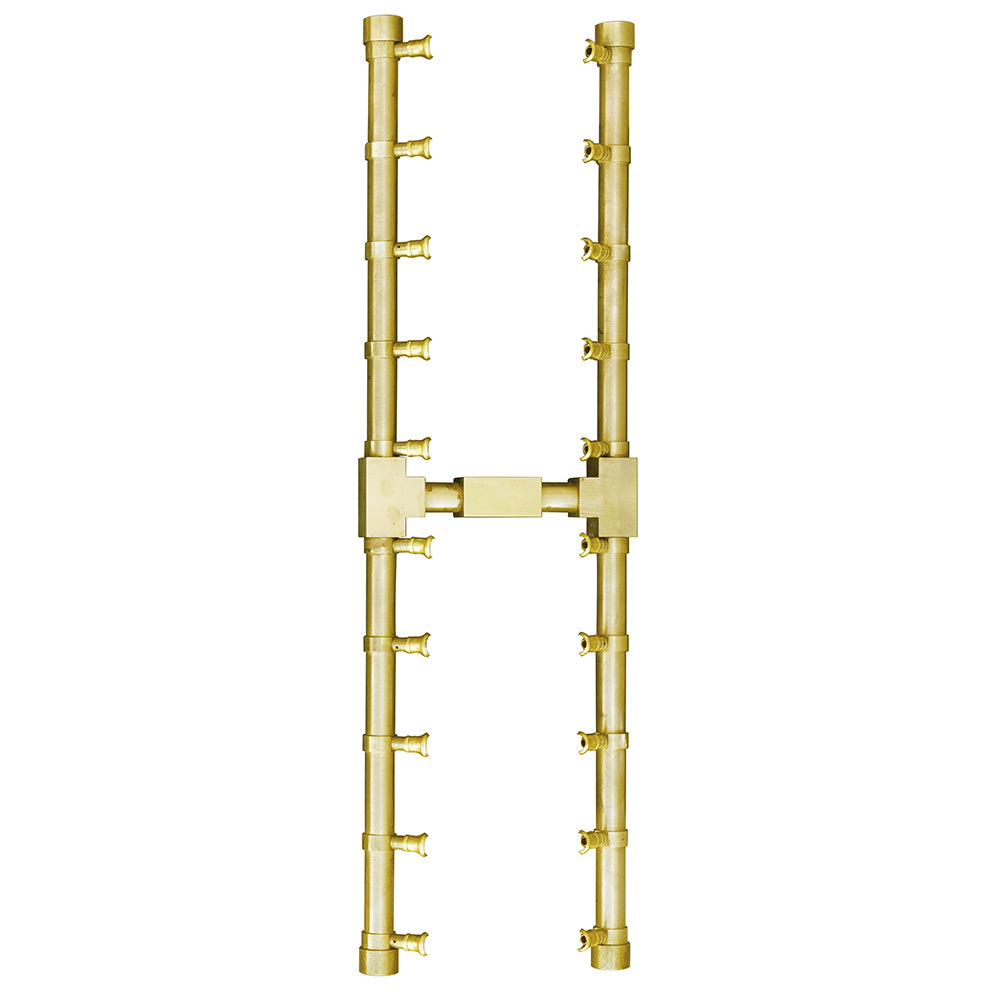 Brass H-shaped gas fire pit burner with two vertical tubes and crossbar manifold
