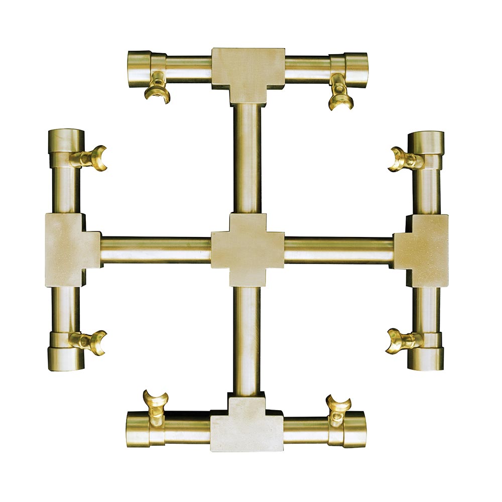Brass gas fire pit burner assembly, front view of snowflake-style manifold