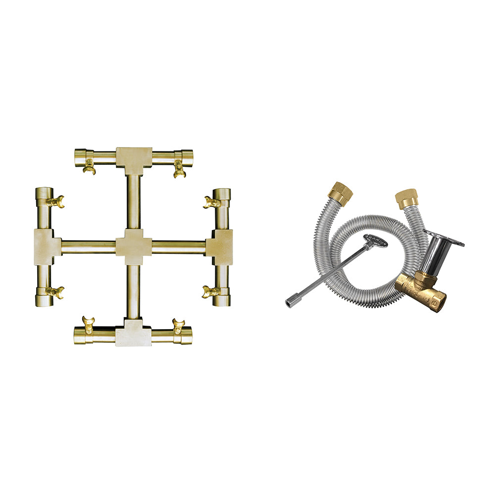 Brass gas fire pit match light kit with T-style brass manifold and ignition hose.