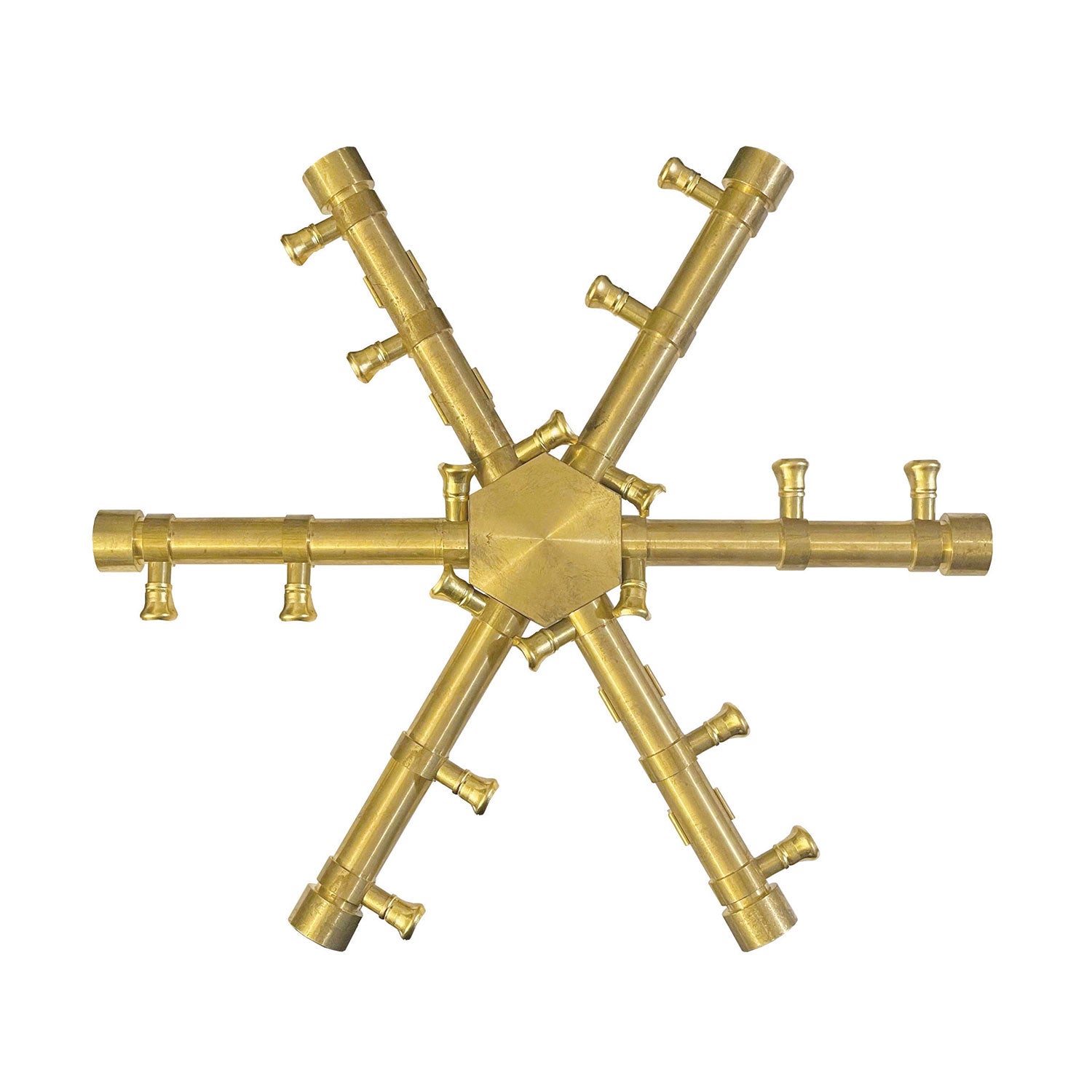 Brass gas fire pit burner assembly with star-shaped spur and ignition ports