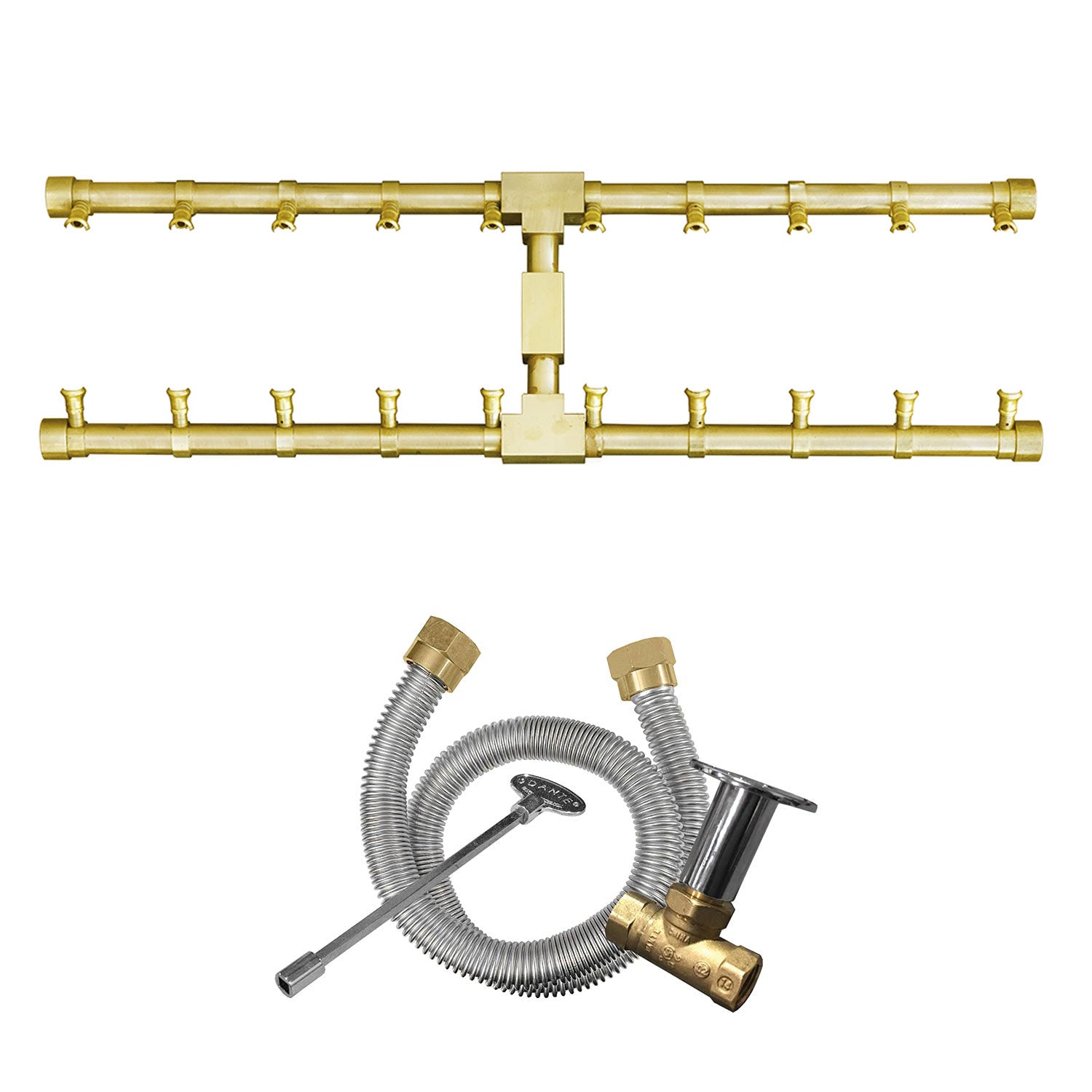 Brass H-shaped gas fire pit burner kit with split manifold pipes and connector