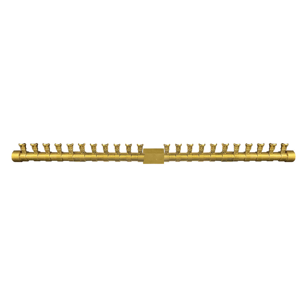Brass T-shaped gas fire pit burner with evenly spaced nozzles and center connector