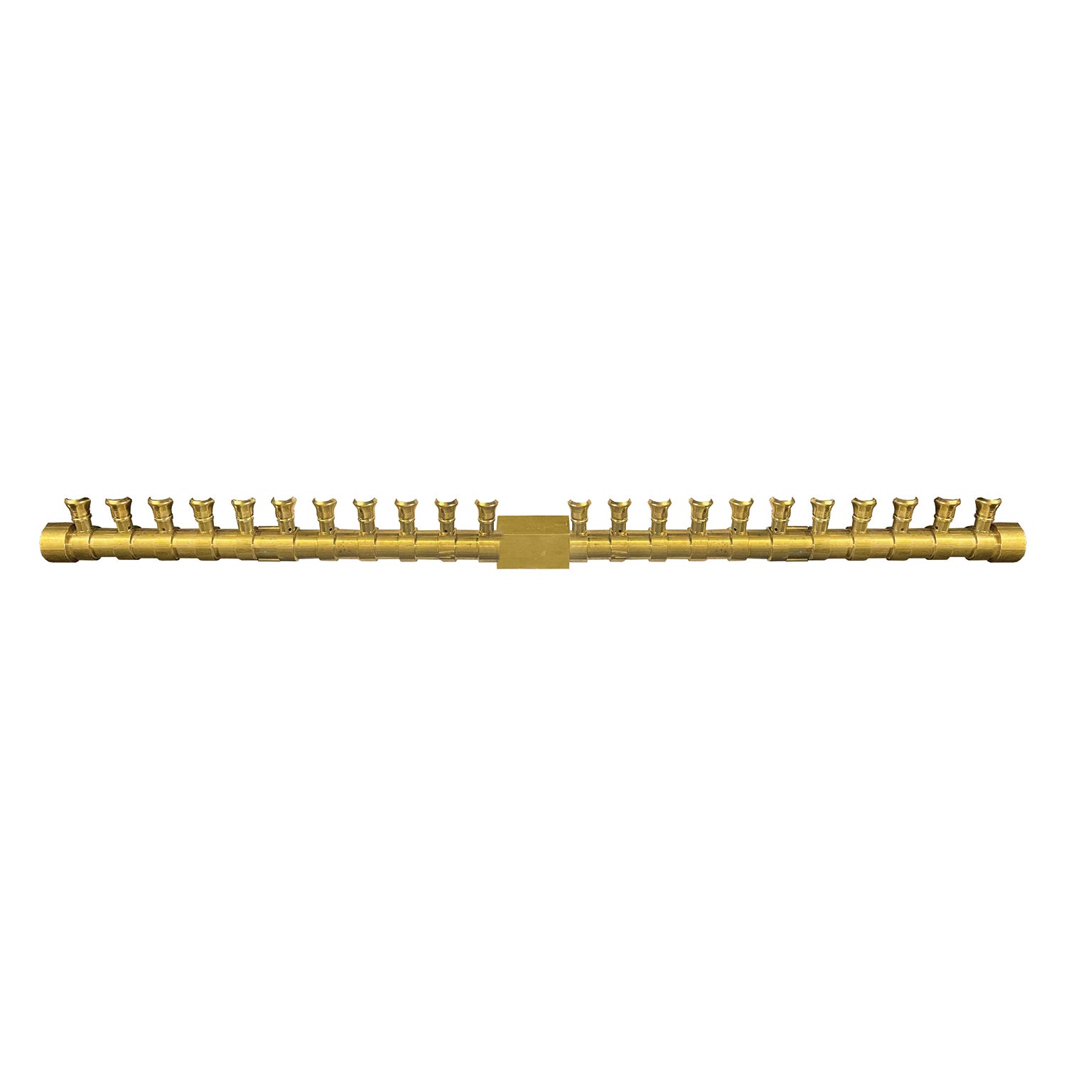 Brass T-shaped gas fire pit burner with evenly spaced nozzles and center connector