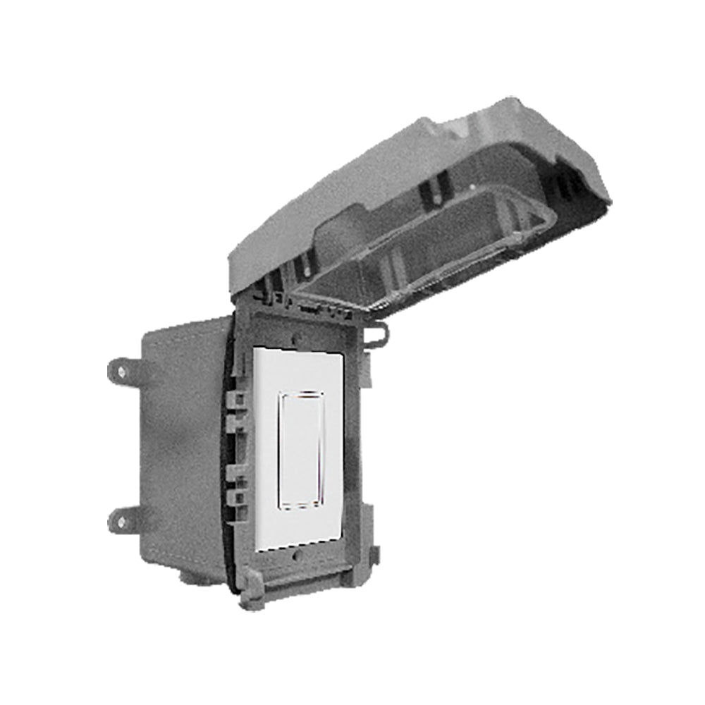 Weatherproof wired wall switch with white rocker and gray mounting housing