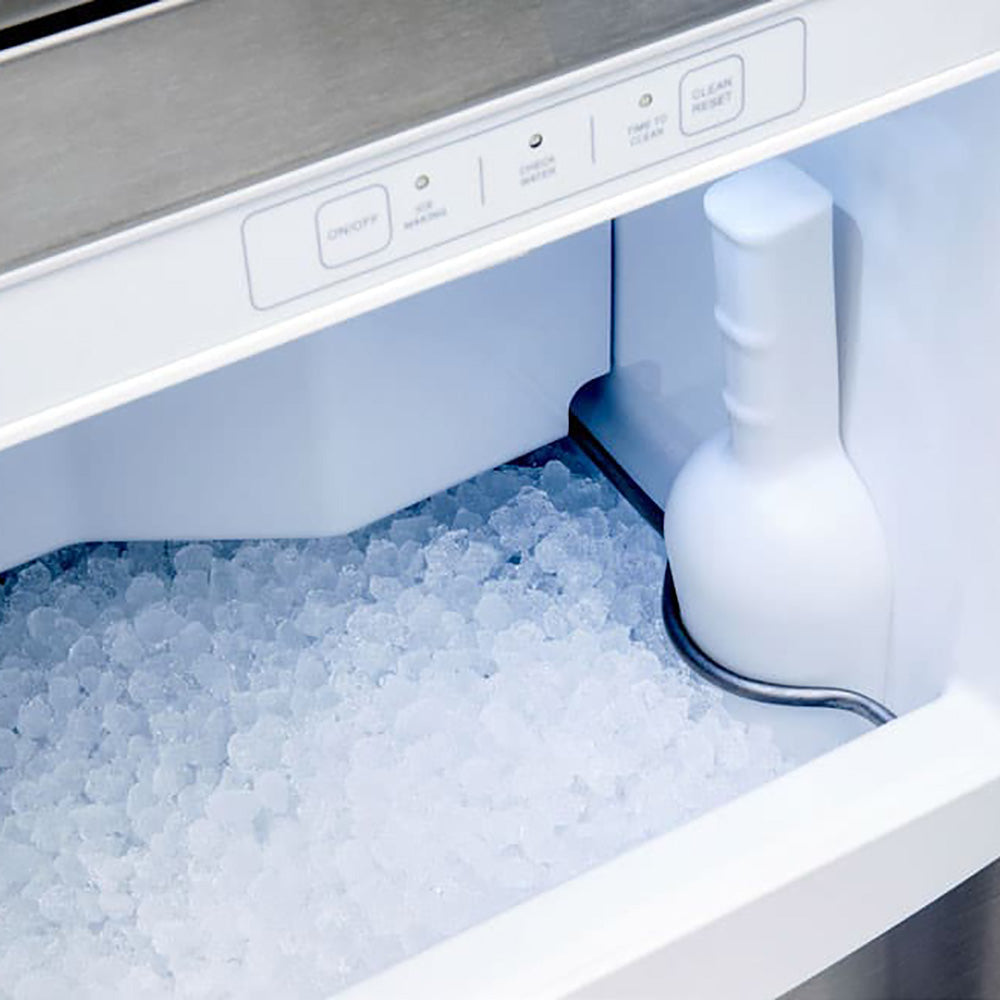 Undercounter ice bin with ice and white dispensing spout