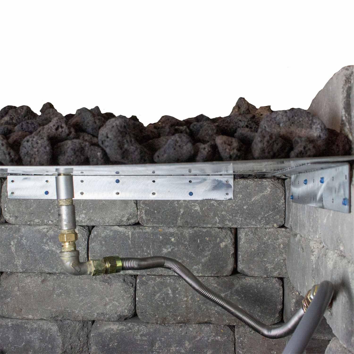Metal installation collar mounted across stone wall, perforated strip with bolts and hose