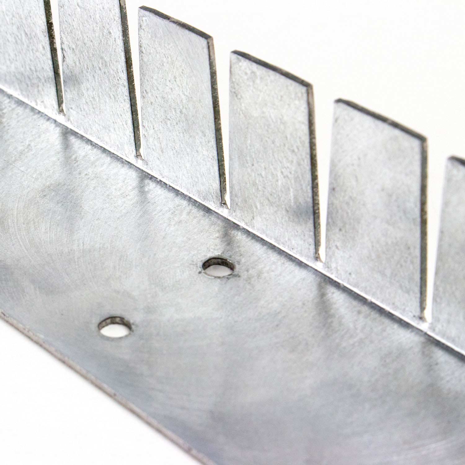 Galvanized metal collar strip with spaced mounting holes and stepped tabs