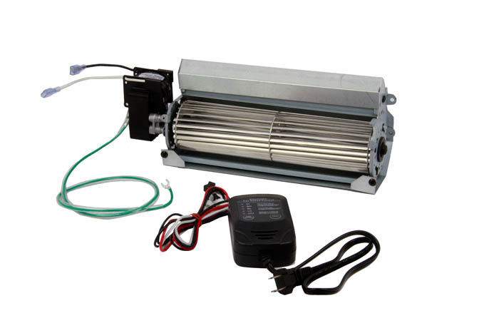 Fireplace blower fan kit with fan motor, controller, power adapter, and wiring harness