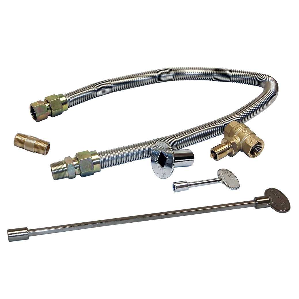 Flexible line and key valve kit with braided hoses, brass fittings, and control keys