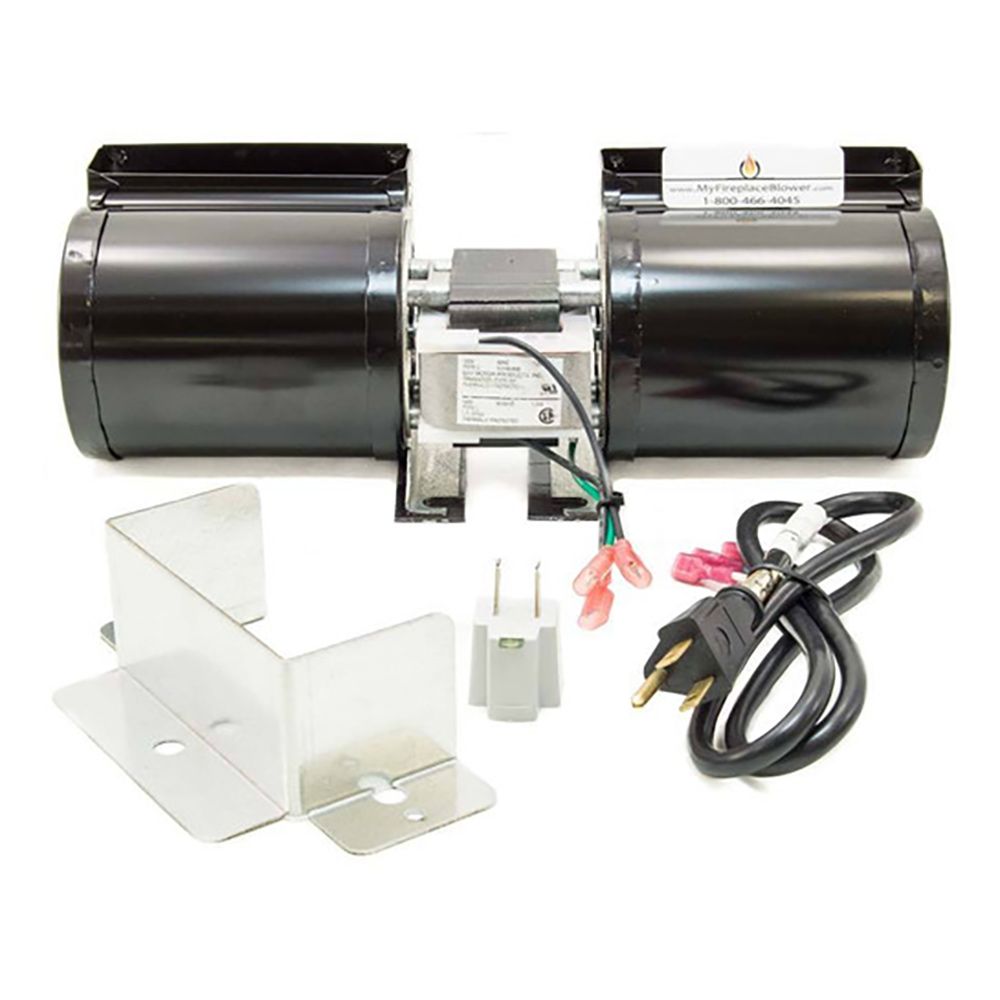 Fireplace blower fan kit with metal fan housing, mounting brackets, and power cord