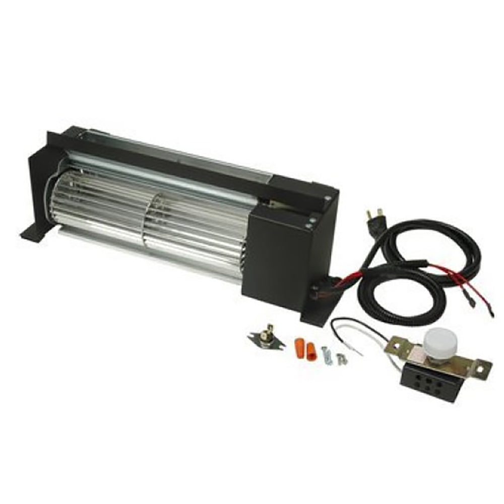 Heat-activated fan kit with black housing, metal fan, wiring harness and control module