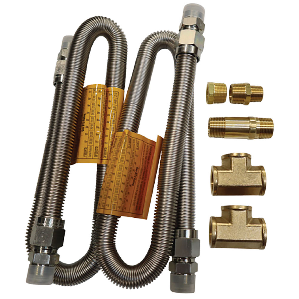 Double flex water line kit with two metal braided hoses and brass fittings