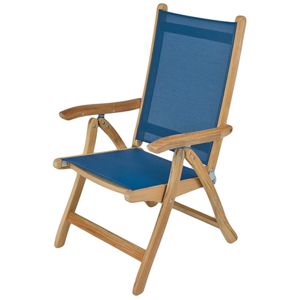 Teak sling chair with blue fabric seat and backrest, curved wooden armrests