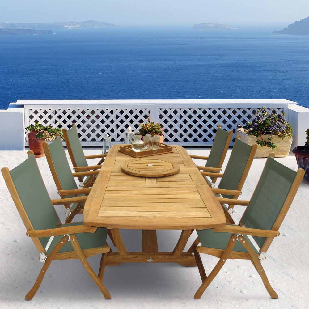 Teak sling chair with green fabric seat and backrest, arranged in an outdoor set