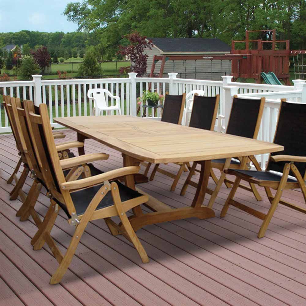 Teak sling chair with dark fabric seat and backrest on a wooden deck patio