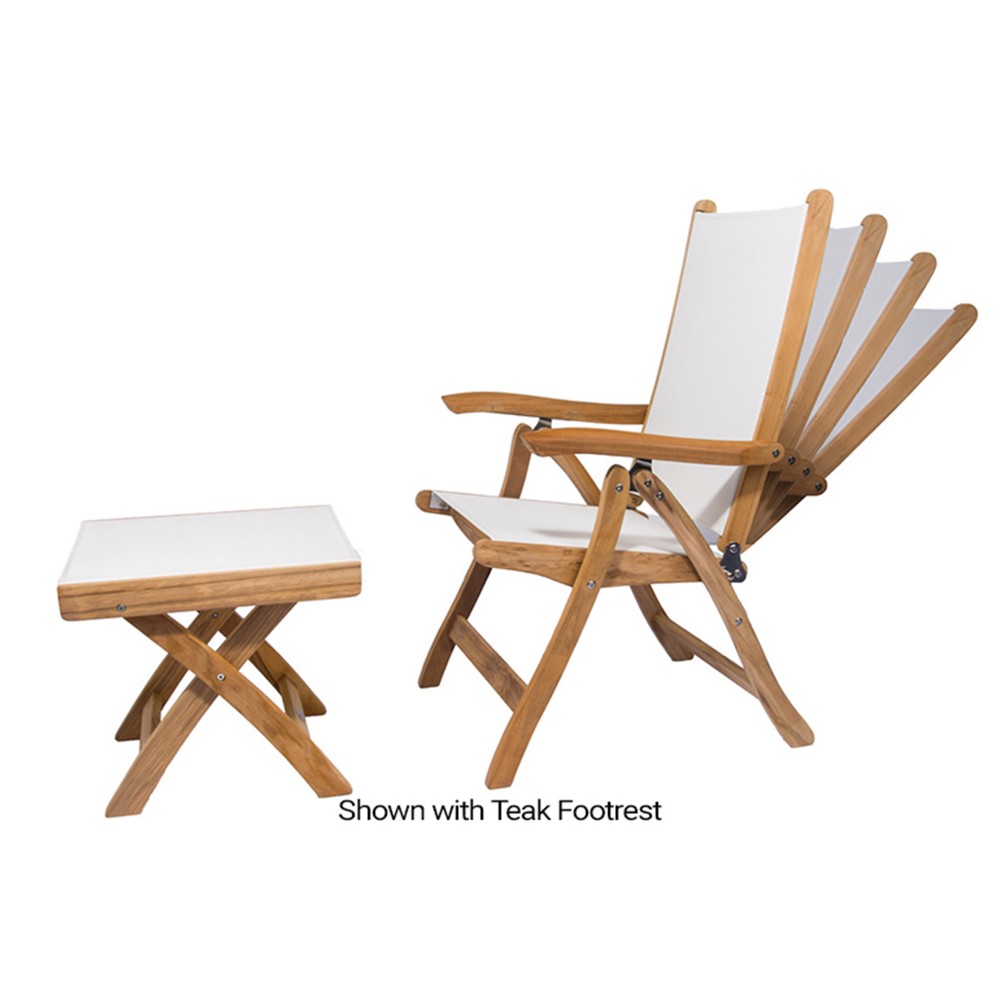 Teak sling chair with white fabric seat and backrest; matching folding footrest