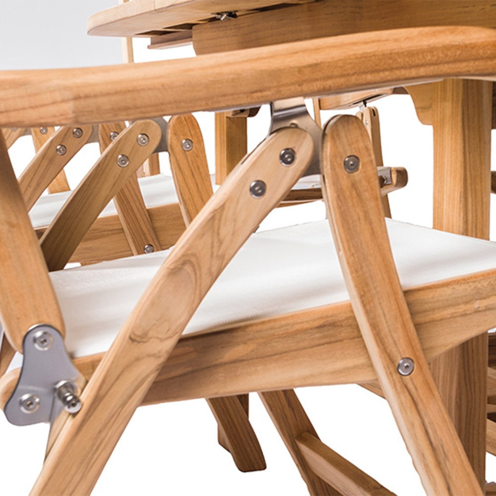 Teak sling chair close-up of wooden frame and hardware with white fabric panel