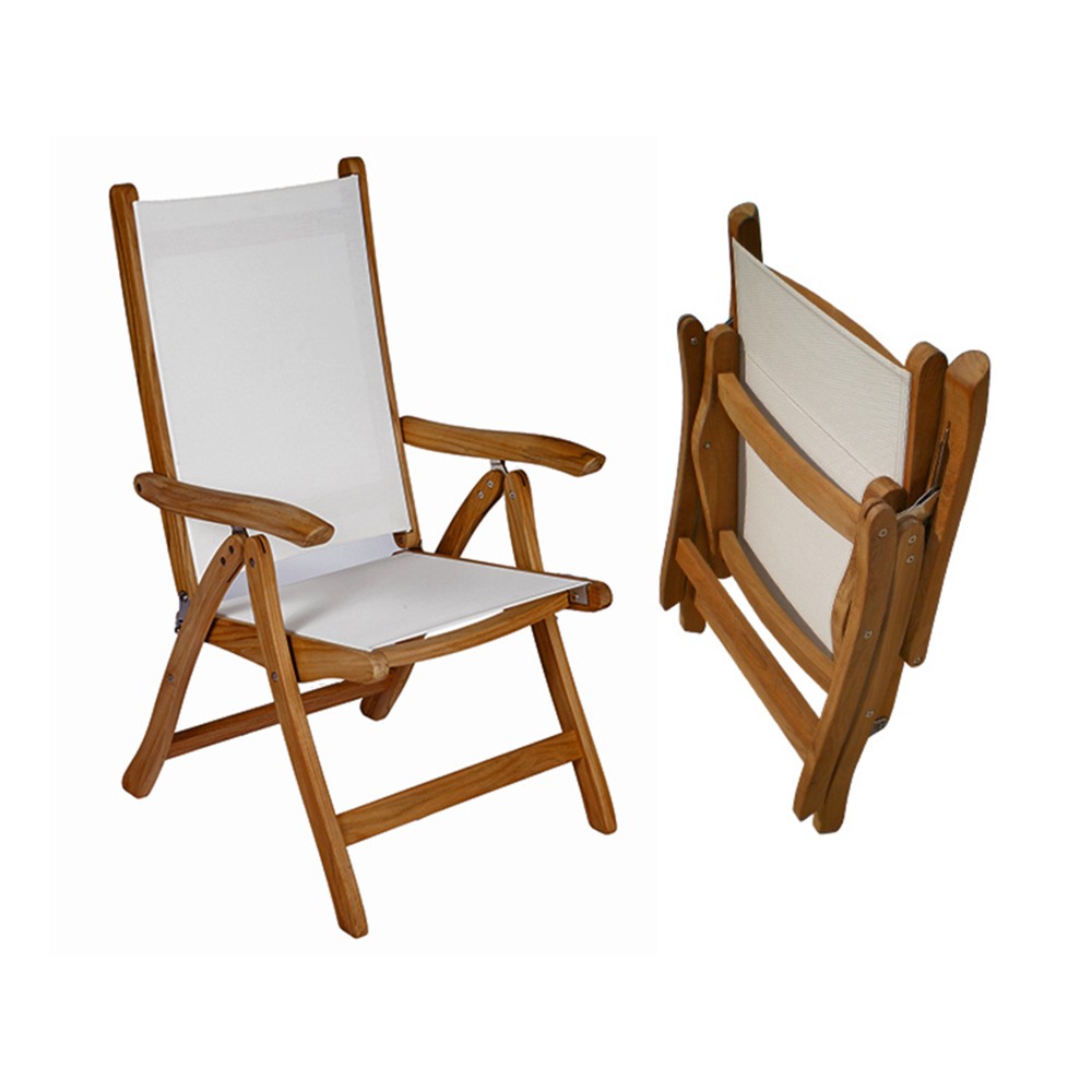 Teak sling chair with white fabric seat and backrest, angled wooden arm supports