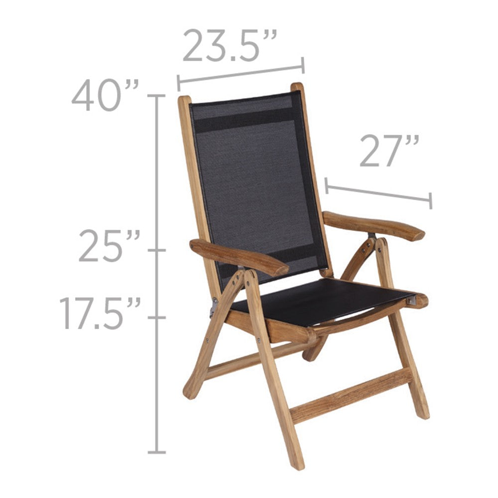 Teak sling chair with dark fabric seat and backrest, with size measurements